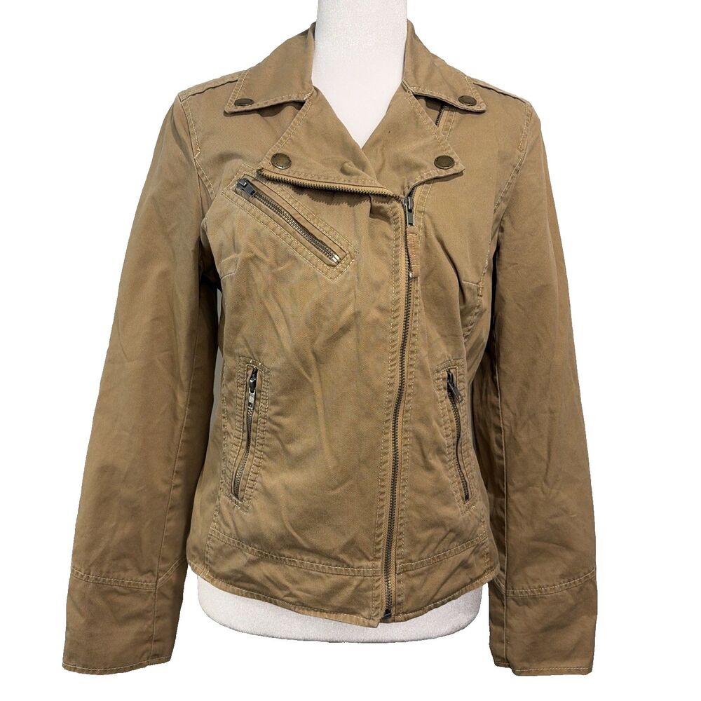 Boden Womens 6 Canvas Moto Jacket Tan Asymmetric Zip Biker Lined Twill Khaki
